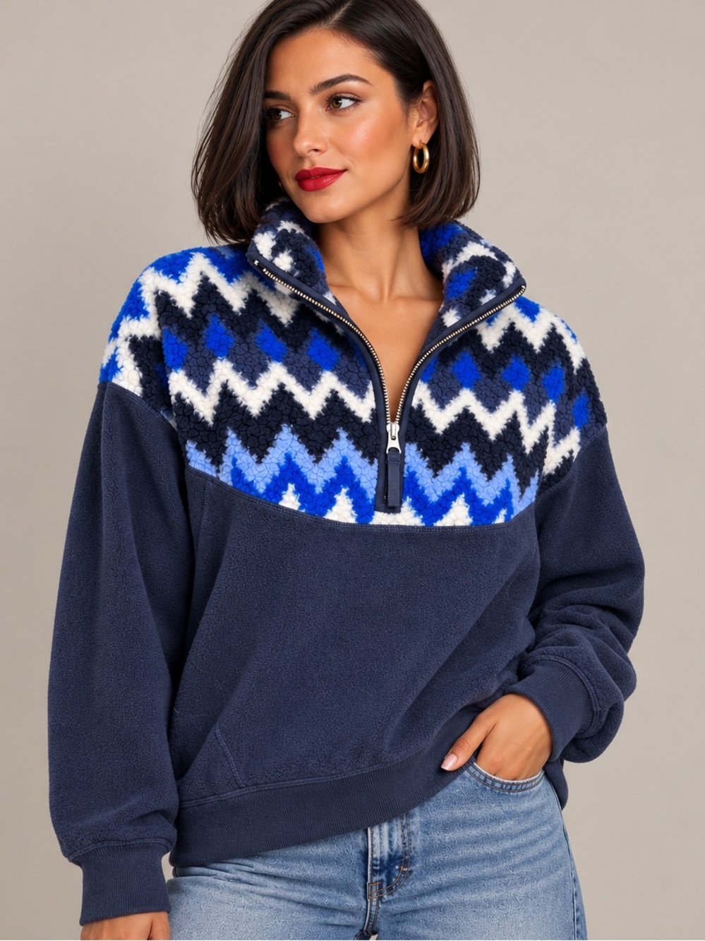 Aerie oversized Sherpa Fleece Quarter Zip Pullover Blue Fair Isle Sweater S